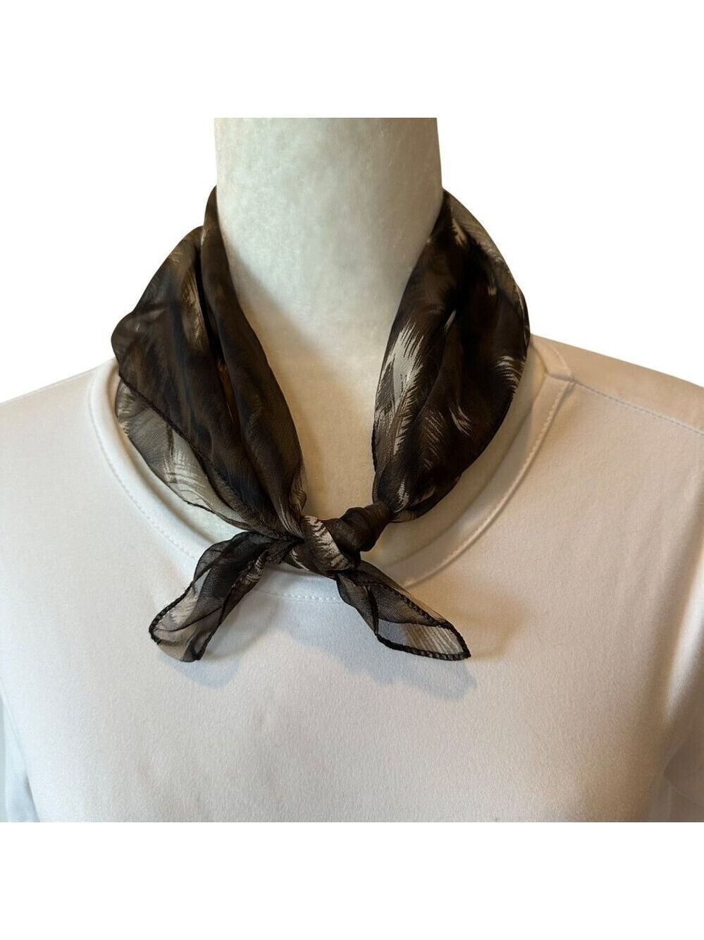 Sheer Silk Feel Brown Cream Square Scarf Polyester 19 Inches Lightweight Neutral